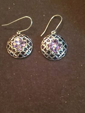 925 Sterling Silver Floral Purple Stone Drop Earrings